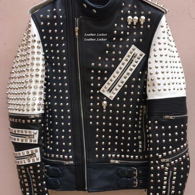 Men's biker studded black and white leather jacket - Thumbnail 4