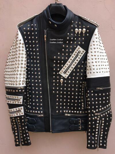 Men's Biker Studded Black and White Leather Jacket