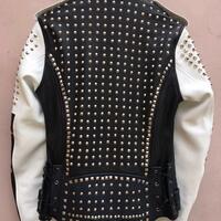 Men's Biker Studded Black and White Leather Jacket - Thumbnail 1