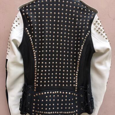 Men's biker studded black and white leather jacket