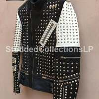 Men's Biker Studded Black and White Leather Jacket - Thumbnail 2