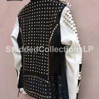 Men's Biker Studded Black and White Leather Jacket - Thumbnail 3