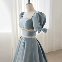 Blue Satin Beaded Long Prom Dress, Blue Short Sleeve Evening Dress - Thumbnail 1