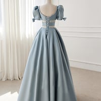 Blue Satin Beaded Long Prom Dress, Blue Short Sleeve Evening Dress - Thumbnail 2