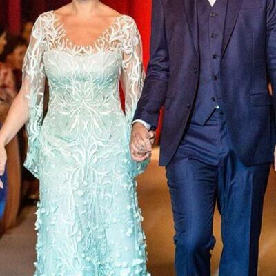 Green sheath lace long sleeve mother of bride and groom dress satin evening dress - Thumbnail 5