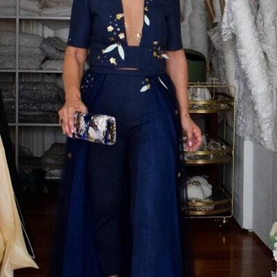 Navy blue two pieces mother of bride and groom dress lace evening dress - Thumbnail 5