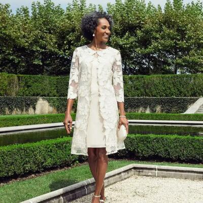 Ivory lace tea-length with jacket mother of bride and groom dress lace evening dress - Thumbnail 4