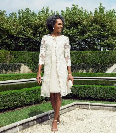 Ivory Lace Tea-length with Jacket Mother of Bride and Groom Dress Lace Evening Dress