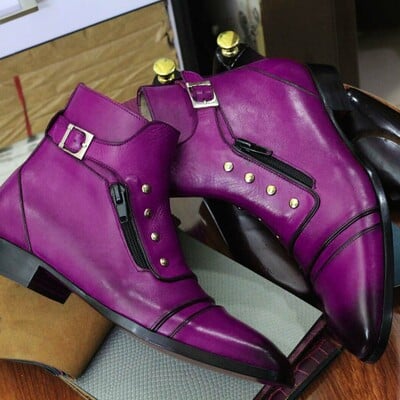 Men's handmade purple boots, dress elegant leather ankle buckle boots - Thumbnail 1