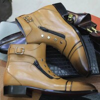 Men's Handmade Purple Boots, Dress Elegant Leather Ankle Buckle Boots - Thumbnail 4