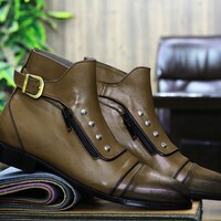 Men's Handmade Blue Leather Boots, Dress Elegant Leather Ankle Buckle Boots - Thumbnail 4