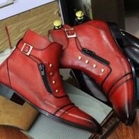 Men's Handmade Blue Leather Boots, Dress Elegant Leather Ankle Buckle Boots - Thumbnail 1