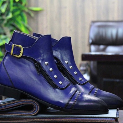 Men's handmade blue leather boots, dress elegant leather ankle buckle boots - Thumbnail 1
