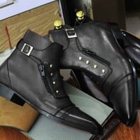Men's Handmade Blue Leather Boots, Dress Elegant Leather Ankle Buckle Boots - Thumbnail 5