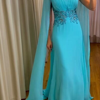 Sky blue chiffon mother of bride and groom dress evening dress - Thumbnail 5