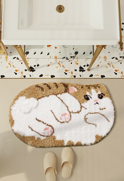 Cute White Brown Tabby Cat Neko Animal Cartoon Soft Mat Rugs Carpets Bathroom Bedroom Decor