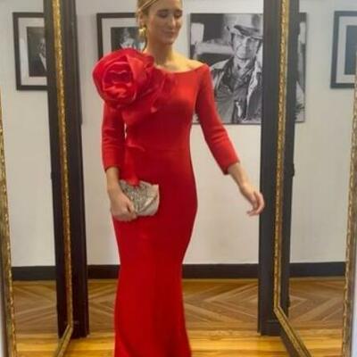 Red mermaid handmade flower mother of bride and groom dress evening dress - Thumbnail 5