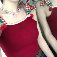 Cherry Red Plaid Embroidery Tank Top - Thumbnail 1