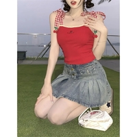 Cherry Red Plaid Embroidery Tank Top - Thumbnail 5