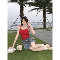 Cherry Red Plaid Embroidery Tank Top - Thumbnail 6