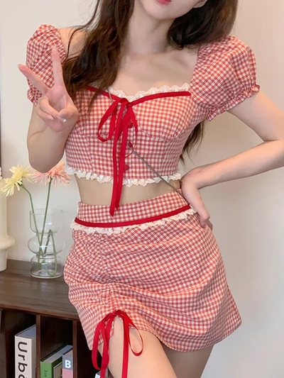 2PCS Red Plaid Crop Top + Mini Skirt 