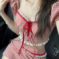 2PCS Red Plaid Crop Top + Mini Skirt  - Thumbnail 1