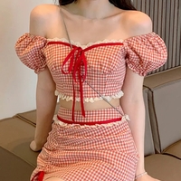 2PCS Red Plaid Crop Top + Mini Skirt  - Thumbnail 2
