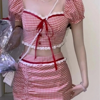 2PCS Red Plaid Crop Top + Mini Skirt  - Thumbnail 3