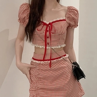 2PCS Red Plaid Crop Top + Mini Skirt  - Thumbnail 4