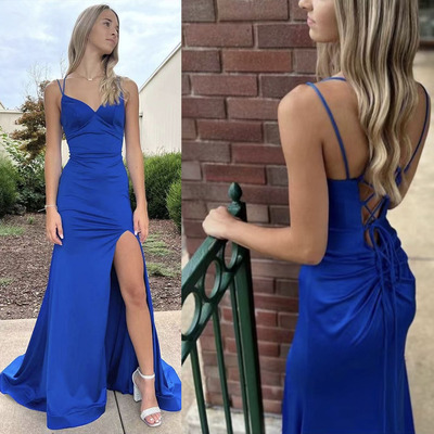 Royal blue prom dresses criss cross slit side - Thumbnail 3