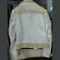  Women White Quilted Golden Studded Genuine Leather Jacket - Thumbnail 1