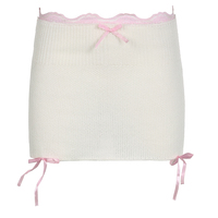 White Knit Bow Ribbed Trim Low Waist Mini Skirt - Thumbnail 5