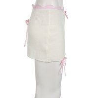 White Knit Bow Ribbed Trim Low Waist Mini Skirt - Thumbnail 6