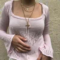 Pink Hollow Out Tie Up Knit Long Sleeve Flare Top - Thumbnail 2