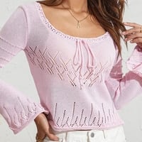 Pink Hollow Out Tie Up Knit Long Sleeve Flare Top - Thumbnail 5
