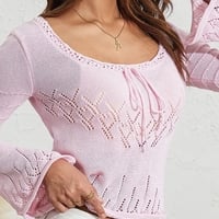 Pink Hollow Out Tie Up Knit Long Sleeve Flare Top - Thumbnail 6