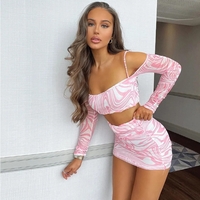 2PCS Pink Off Shoulder Sling Long Sleeve Crop Top + Skirt - Thumbnail 1