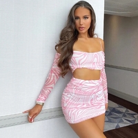 2PCS Pink Off Shoulder Sling Long Sleeve Crop Top + Skirt - Thumbnail 2