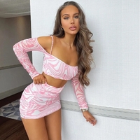 2PCS Pink Off Shoulder Sling Long Sleeve Crop Top + Skirt - Thumbnail 3