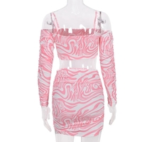 2PCS Pink Off Shoulder Sling Long Sleeve Crop Top + Skirt - Thumbnail 5