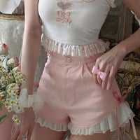 Pink Bow Ruffle High Waist Lace Shorts - Thumbnail 2