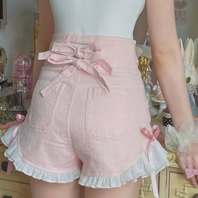 Pink Bow Ruffle High Waist Lace Shorts