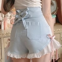 Pink Bow Ruffle High Waist Lace Shorts - Thumbnail 4