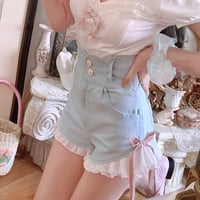 Pink Bow Ruffle High Waist Lace Shorts - Thumbnail 6