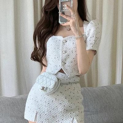 2pcs white tweed puff sleeve blouse + skirt - Thumbnail 1