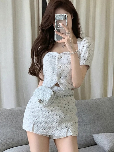 2PCS White Tweed Puff Sleeve Blouse + Skirt