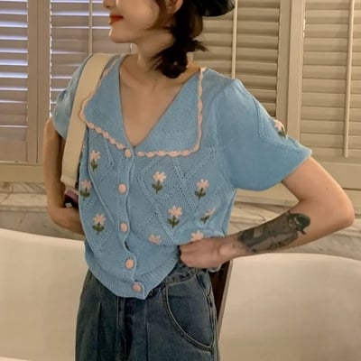 Floral knit embroidery short sleeve top - Thumbnail 2