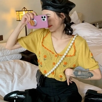 Floral Knit Embroidery Short Sleeve Top - Thumbnail 7