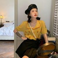 Floral Knit Embroidery Short Sleeve Top - Thumbnail 5