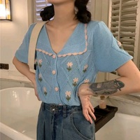Floral Knit Embroidery Short Sleeve Top - Thumbnail 3
